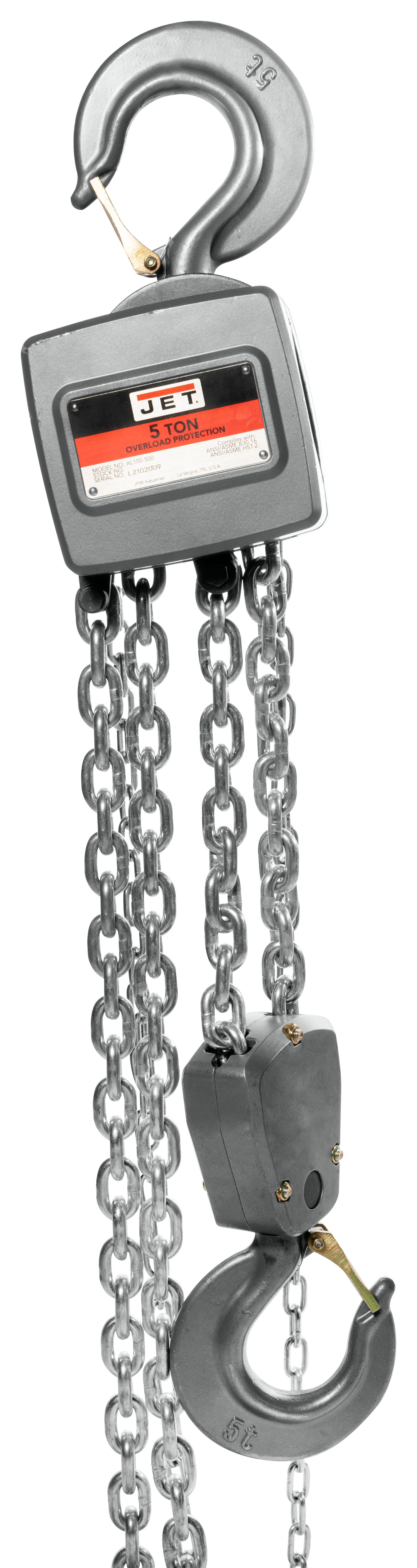 JET AL-100 Aluminum Hand Chain Hoist — 5 Ton, 10' Lift