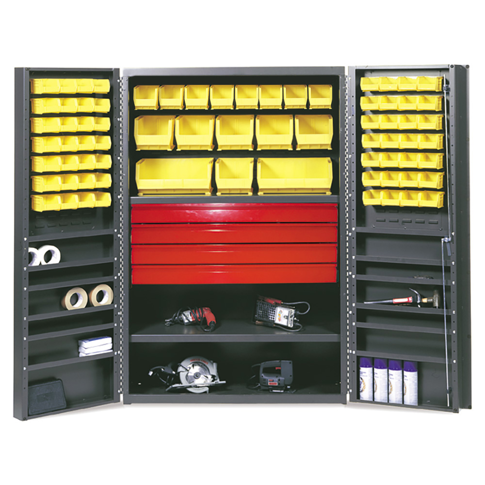 Valley Craft Drawer Cabinet, Deep Door - 48"W x 24"D x 72"H, (4) Drawers, Half Louvered Doors/Interior, (72) Bins, (2) Interior Shelves, (12) Door Shelves, 14 Gauge