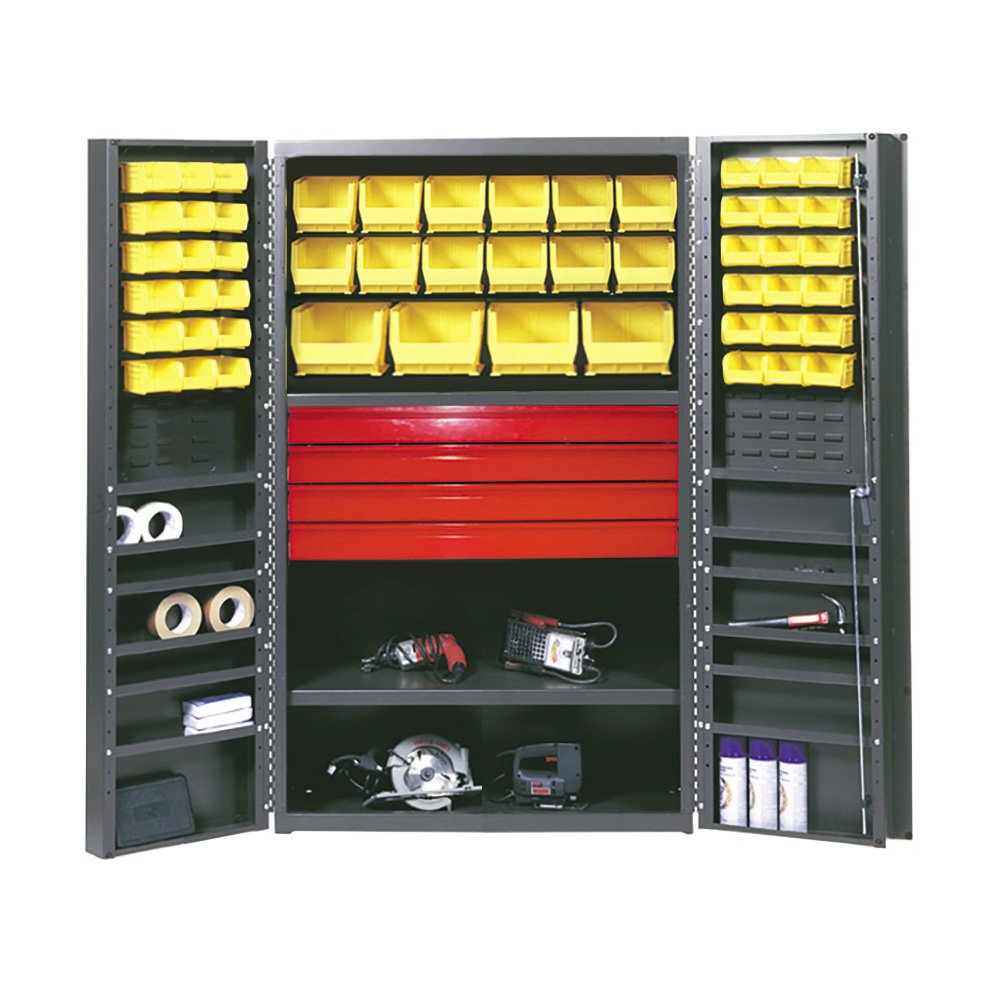 Valley Craft Drawer Cabinet, Deep Door - 36"W x 24"D x 72"H, (4) Drawers, Half Louvered Doors/Interior, (58) Bins, (2) Interior Shelves, (12) Door Shelves, 14 Gauge