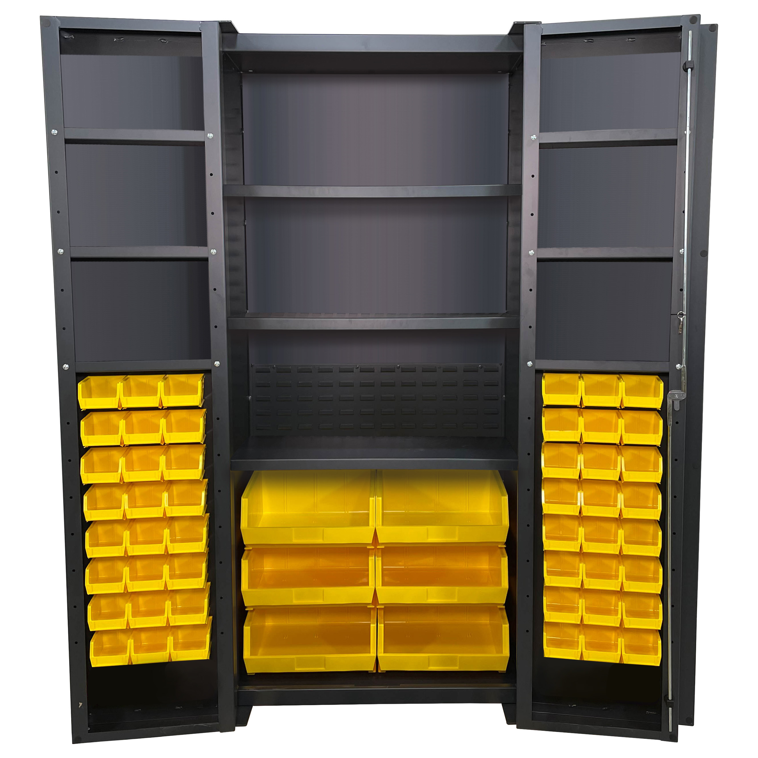 Valley Craft Bin & Shelf Cabinet, Deep Door - 36"W x 24"D x 78"H, Half Bins, Half Louvered Doors/Back Panels, (54) Bins, (3) Interior Shelves (6) Door Shelves, 14 Gauge
