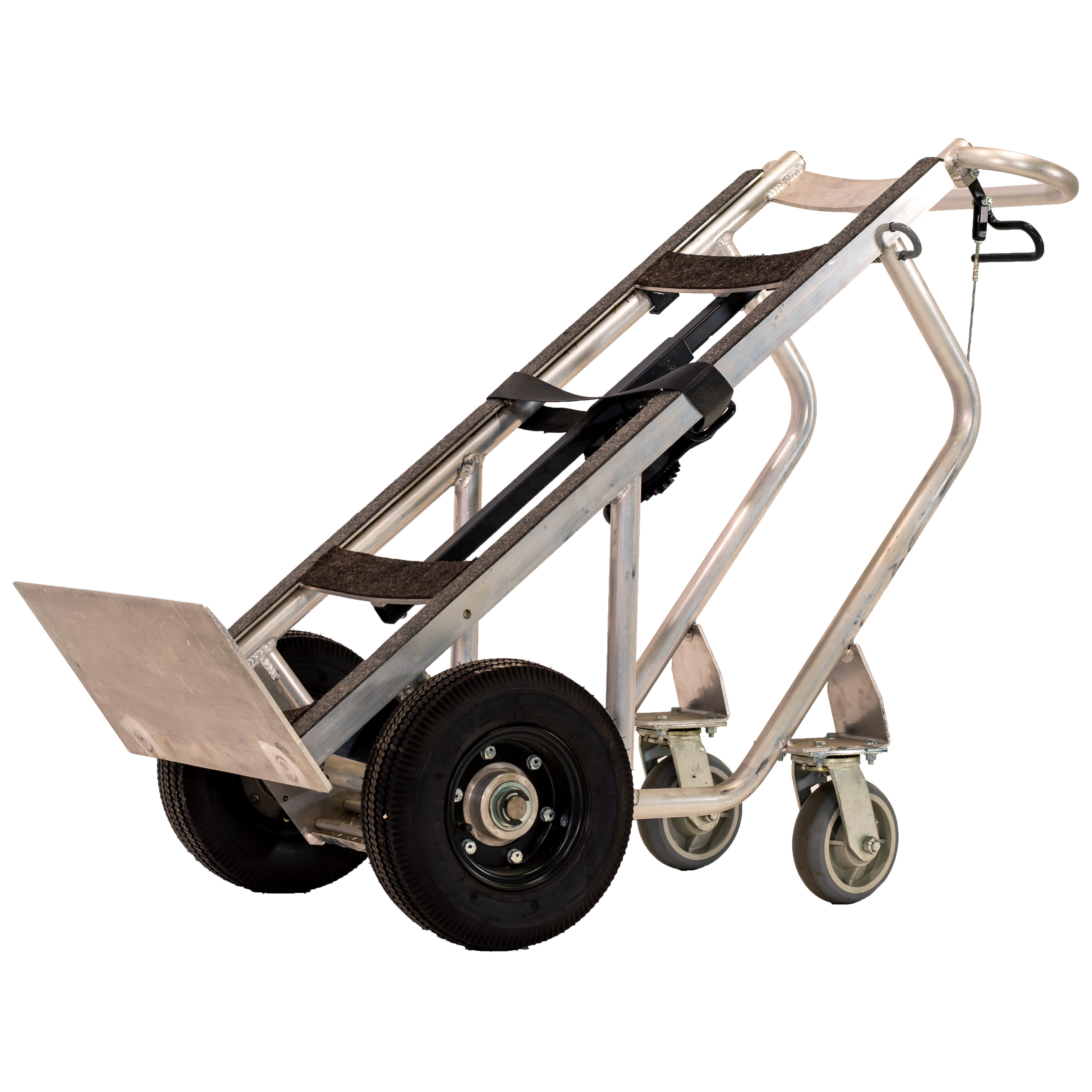 Valley Craft 4-Wheel Deluxe Commercial Hand Truck, Spring-Loaded Frame - Aluminum, (2) Pneumatic (2) Rear Rubber Swivel Wheels, 1000 lb. Capacity, 15' Retractable Safety Strap